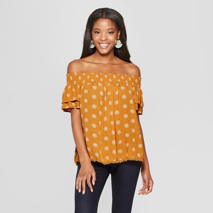 Women's Short Sleeve Tiered Off The Shoulder Top - Xhilaration Rust (red)
