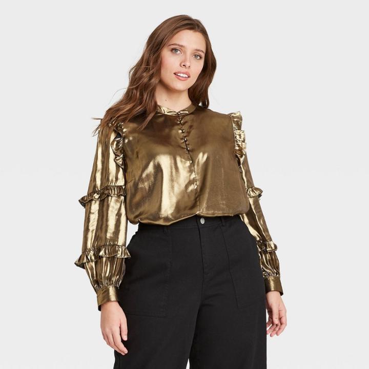 Women's Plus Size Balloon Long Sleeve Woven Blouse - Who What Wear Gold