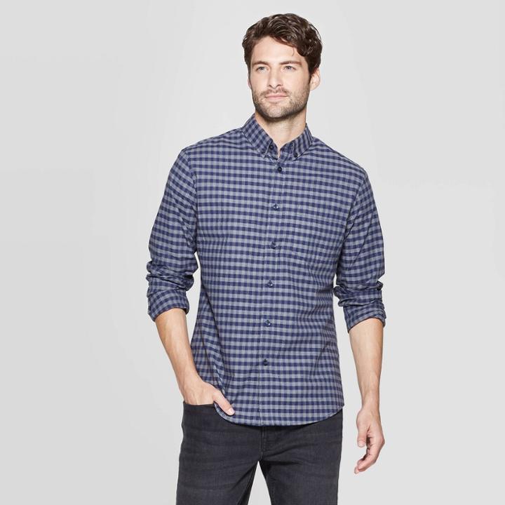 Men's Slim Fit Long Sleeve Northrop Poplin Button-down Shirt - Goodfellow & Co Navy Voyage S, Men's, Size: Small, Blue Voyage