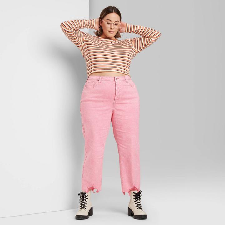 Women's Plus Size Super-high Rise Distressed Hem Straight Jeans - Wild Fable Pink