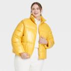 Women's Plus Size Short Wet Look Puffer Jacket - A New Day Yellow