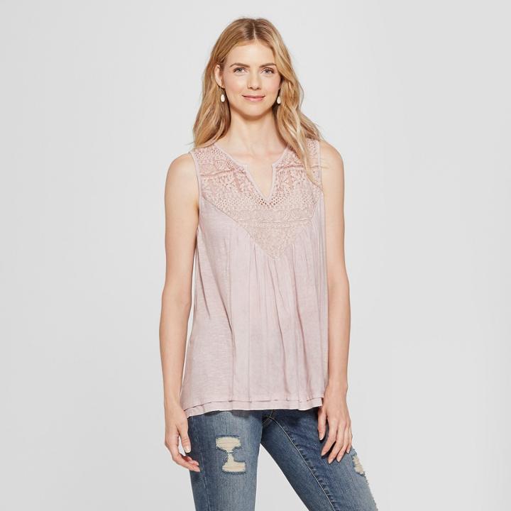 Women's Lace Oil Wash Knit To Woven Tank - Knox Rose Mauve