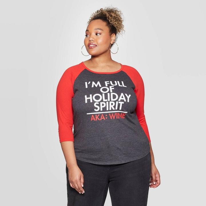 Women's Holiday Spirit Raglan Plus Size Short Sleeve T-shirt - Modern Lux (juniors') - Heather Gray