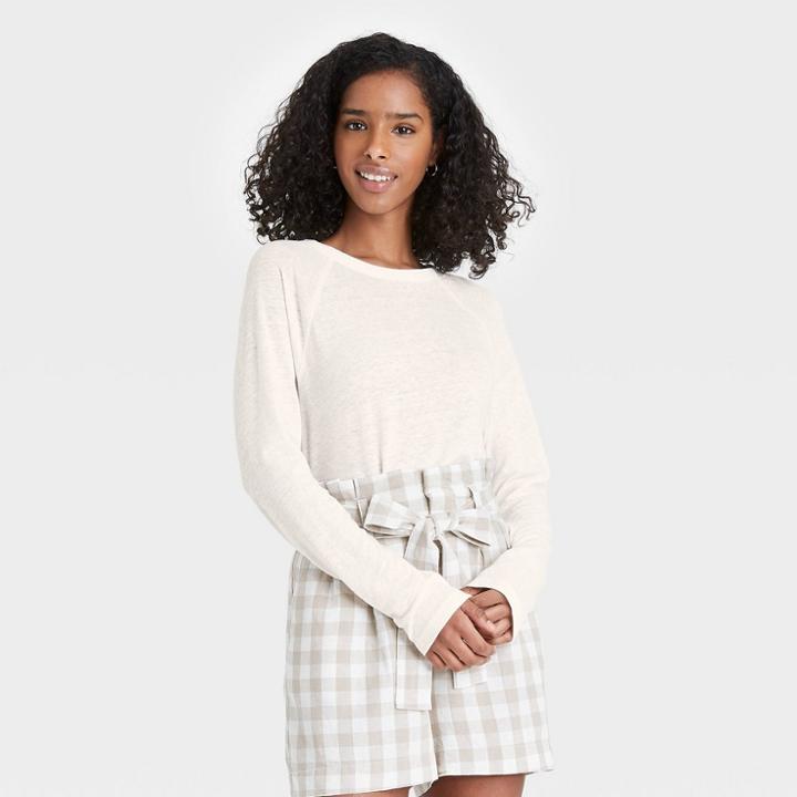 Women's Long Sleeve Linen T-shirt - A New Day Cream