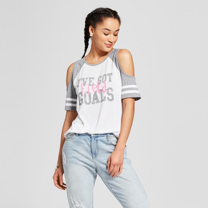 Women's I've Got Field Goals Cold Shoulder Graphic T-shirt - Modern Lux (juniors') White