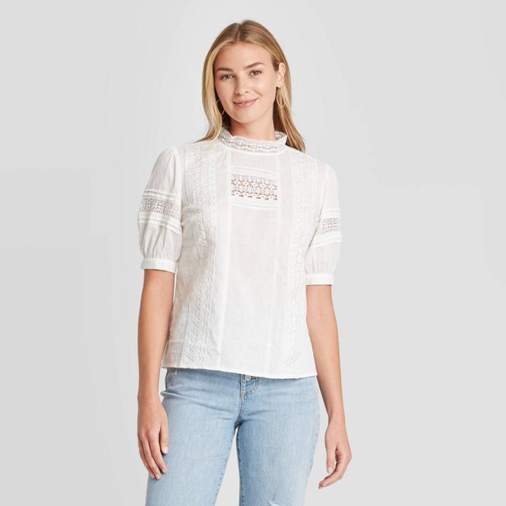 Women's Puff Elbow Sleeve Eyelet Blouse - Universal Thread White