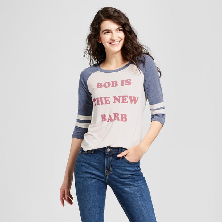 Women's Stranger Things Bob Is The New Barb Raglan 3/4 Sleeve Graphic T-shirt (juniors') - White/dark Gray