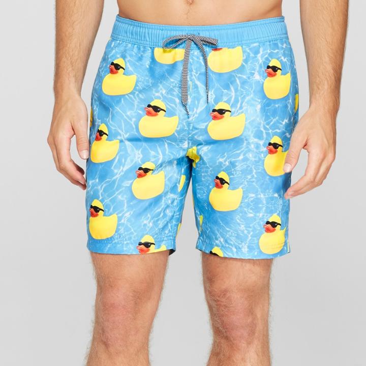 Trinity Collective Men's Striped 7.5 Duck Patterned Elastic Waist Board Shorts - Blue