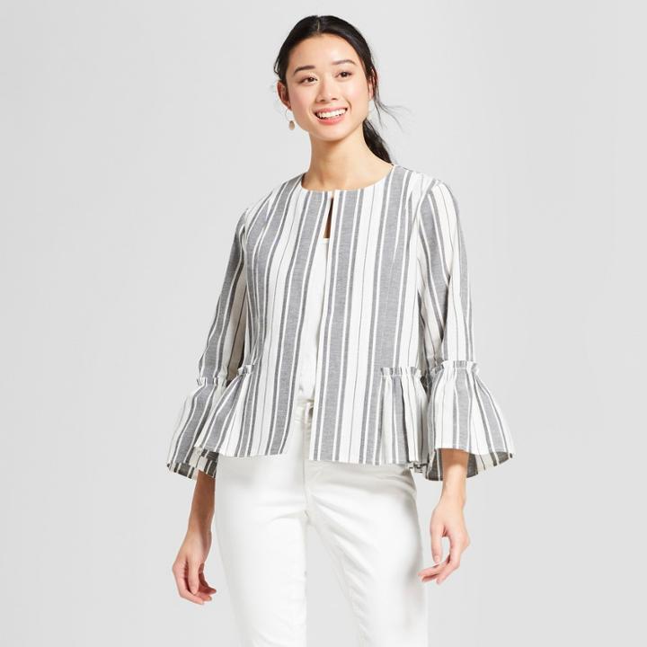 Women's Striped Bell Sleeve Jacket - August Moon Gray/white