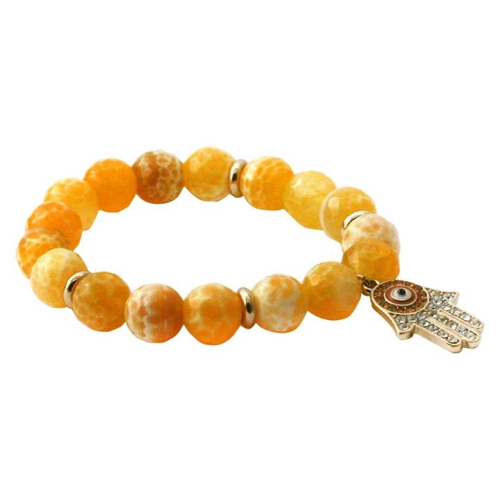Women's Zirconite Eye Hamsa Charm Faceted Colored Stones Stretch Bracelet-yellow, Yellow