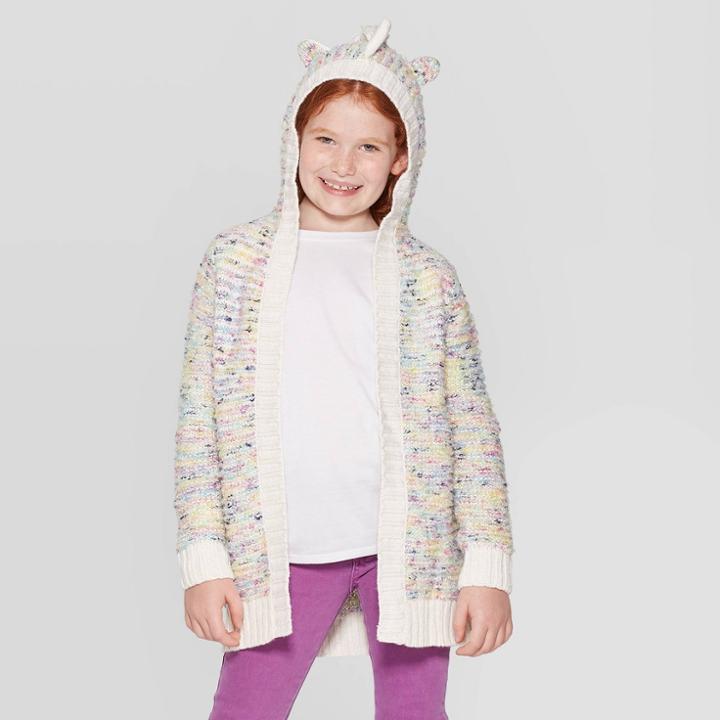 Girls' Long Sleeve Unicorn Hooded Cardigan Sweater - Cat & Jack Cream M, Girl's, Size: Medium,