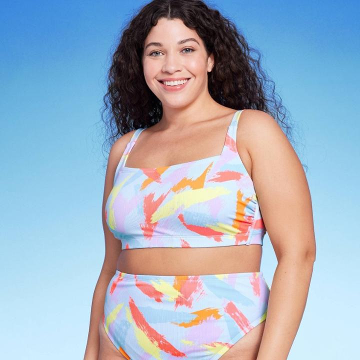 Women's Ribbed Square Neck Bralette Bikini Top - Wild Fable Light Blue Abstract Print