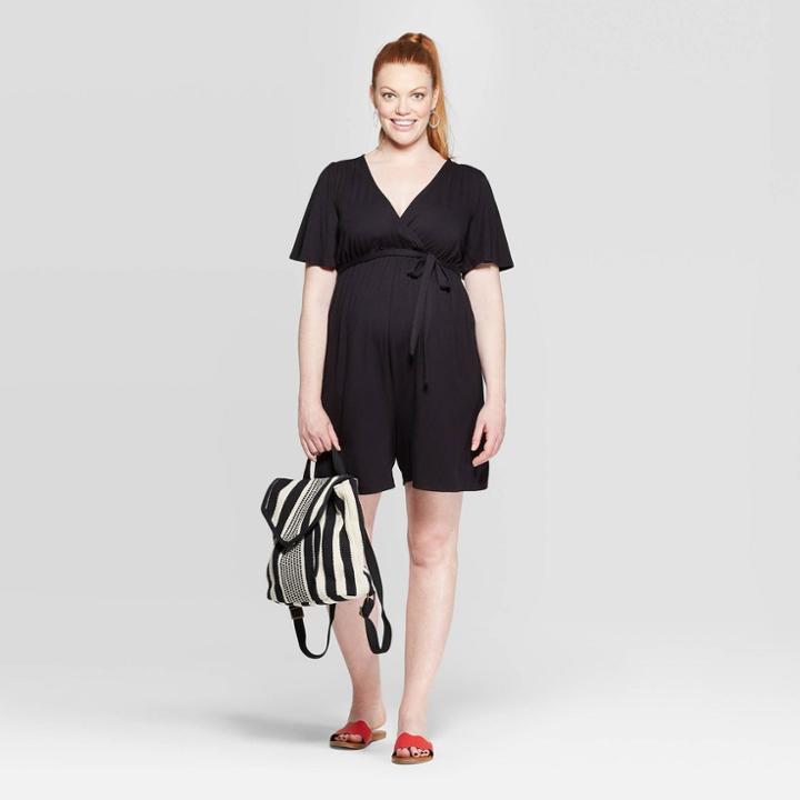Maternity Short Sleeve V-neck Knit Romper - Isabel Maternity By Ingrid & Isabel Black