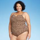 Women's Plus Size Plunge Wrap One Piece Swimsuit - Aqua Green Animal Print