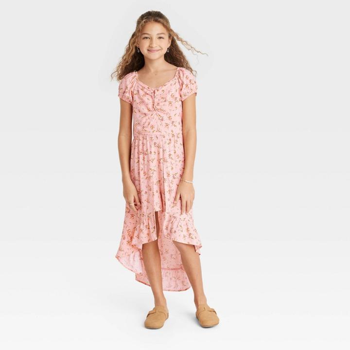 Girls' Cinch Front Walk-through Dress - Art Class Light Orange Floral