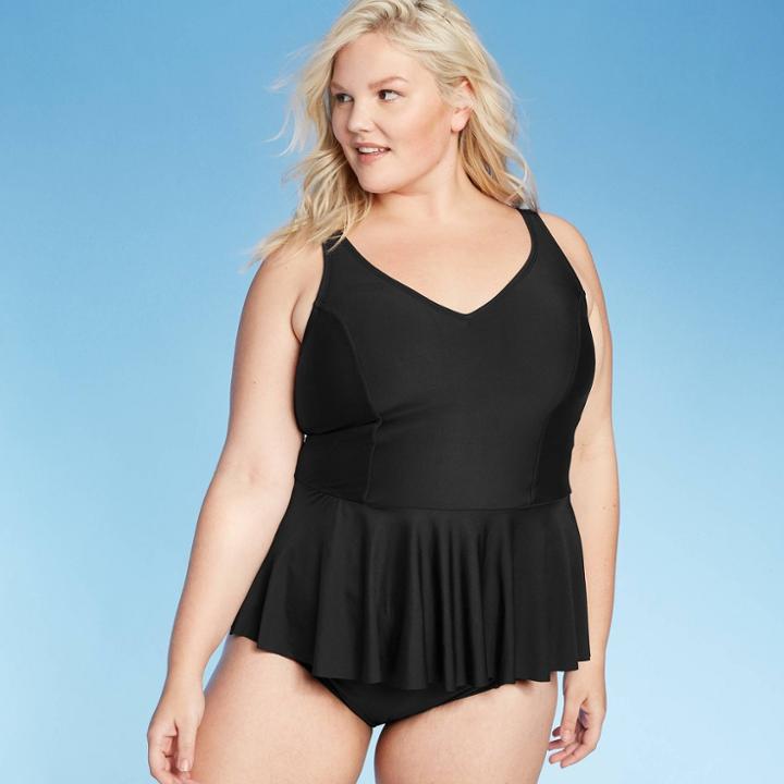 Women's Plus Size Peplum V-neck Tankini Top - Sea Angel Black 1x, Women's,
