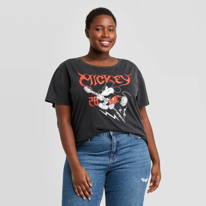 Women's Disney Mickey Plus Size Rocker Short Sleeve Graphic T-shirt - Charcoal