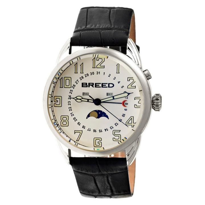 Men's Breed Alton Crocodile-embossed Leather Strap Watch With Moon Phase-silver/white,