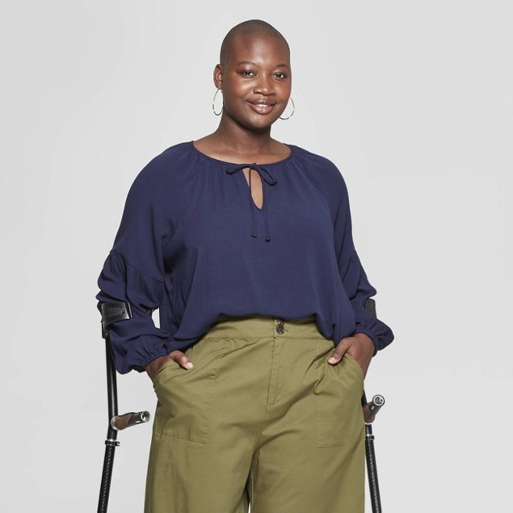 Women's Plus Size Long Sleeve V-neck Poet Blouse - Ava & Viv Navy (blue) X