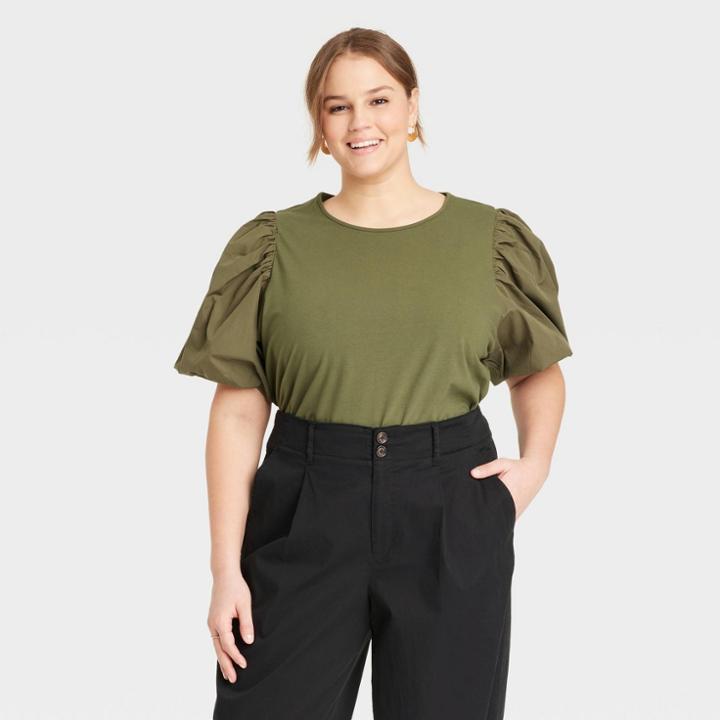 Women's Plus Size Puff Short Sleeve T-shirt - A New Day Olive