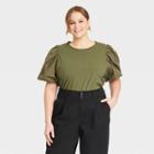 Women's Plus Size Puff Short Sleeve T-shirt - A New Day Olive