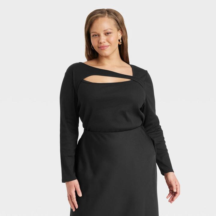 Women's Plus Size Long Sleeve Slim Fit T-shirt - A New Day Black