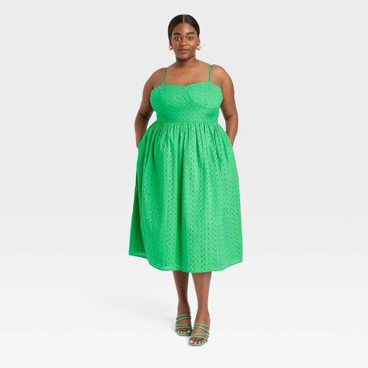Women's Plus Size Sleeveless Eyelet Sun Dress - A New Day Green