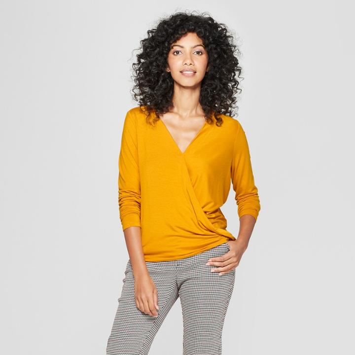 Women's Long Sleeve Drape Front Top - A New Day Yellow