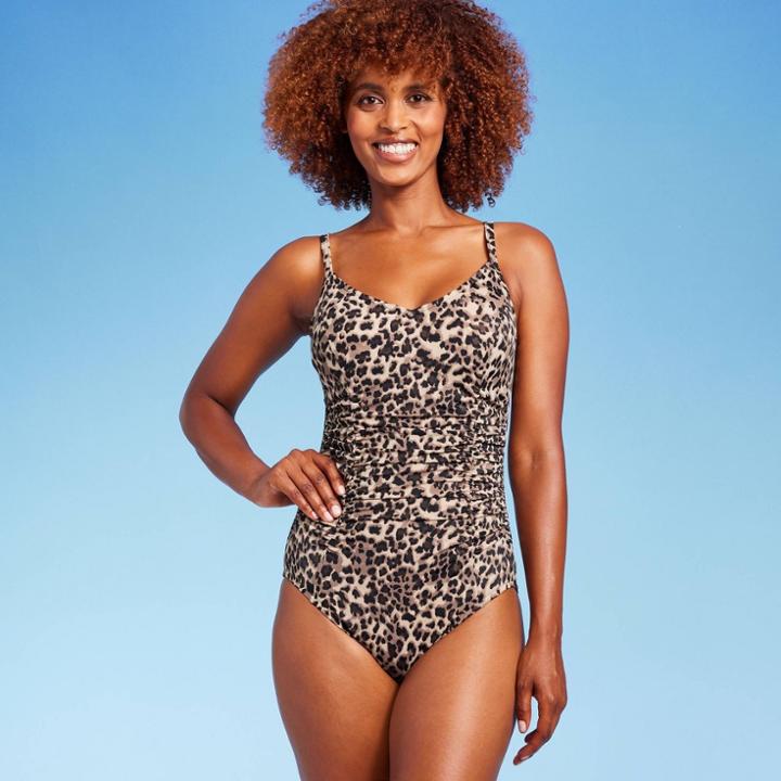 Women's Upf 50 Shirred V-neck One Piece Swimsuit - Aqua Green