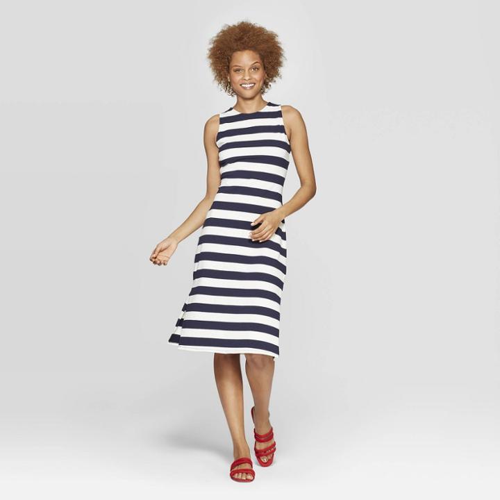 Women's Striped Sleeveless Crewneck Knit Midi Dress - A New Day Navy/cream (ivory)