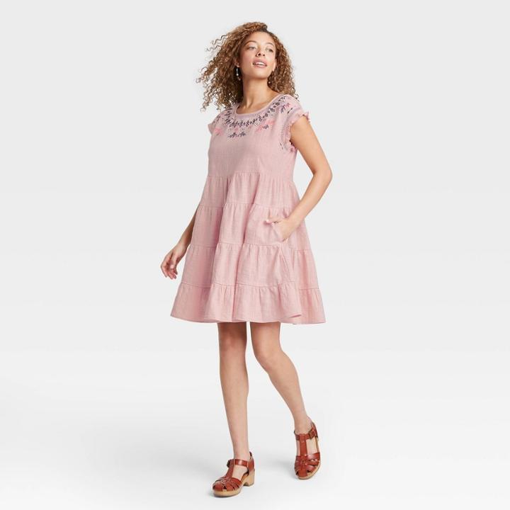 Women's Short Sleeve Babydoll Tiered Dress - Knox Rose Pink