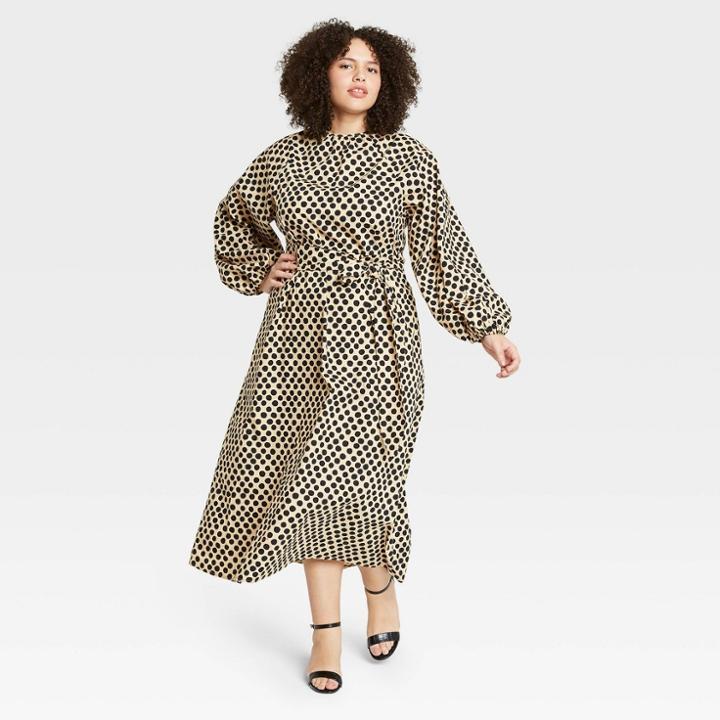 Women's Plus Size Polka Dot Balloon Long Sleeve Kaftan Dress - Who What Wear Khaki