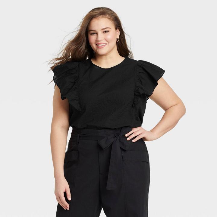 Women's Plus Size Flutter Sleeve Tank Top - A New Day Black