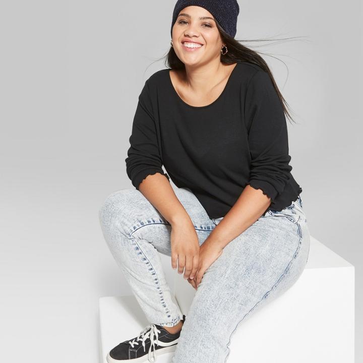 Women's Plus Size Long Sleeve Crew Neck T-shirt - Wild Fable Black