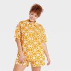 Doe. Women's Plus Size Smileyworld Souvenir Short Sleeve Button-down Graphic T-shirt - Yellow
