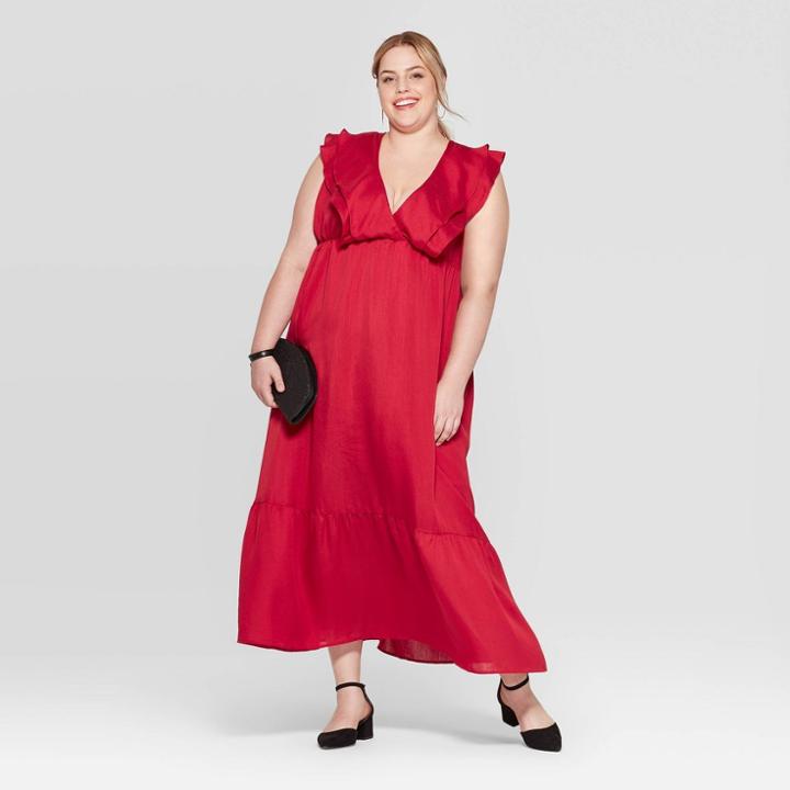 Women's Plus Size Short Sleeve V-neck Maxi Dress - A New Day Red X, Women's