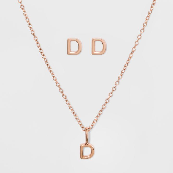 Sterling Silver Initial D Earrings And Necklace Set - A New Day Rose Gold, Girl's, Rose Gold - D