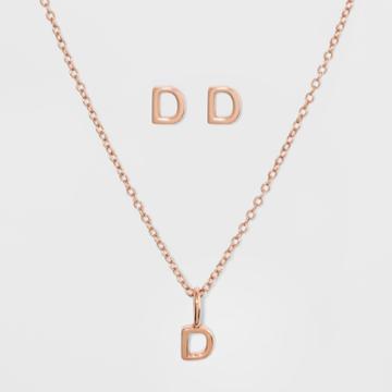 Sterling Silver Initial D Earrings And Necklace Set - A New Day Rose Gold, Girl's, Rose Gold - D