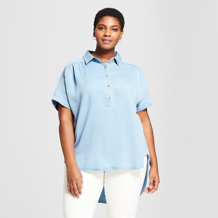 Women's Plus Size Short Sleeve Button-down Resort Shirt - Ava & Viv Medium Wash
