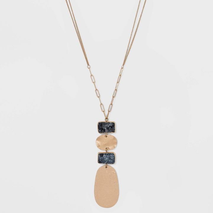 Semi-precious Labradorite With Wavy Metal Pendant Necklace - Universal Thread Black