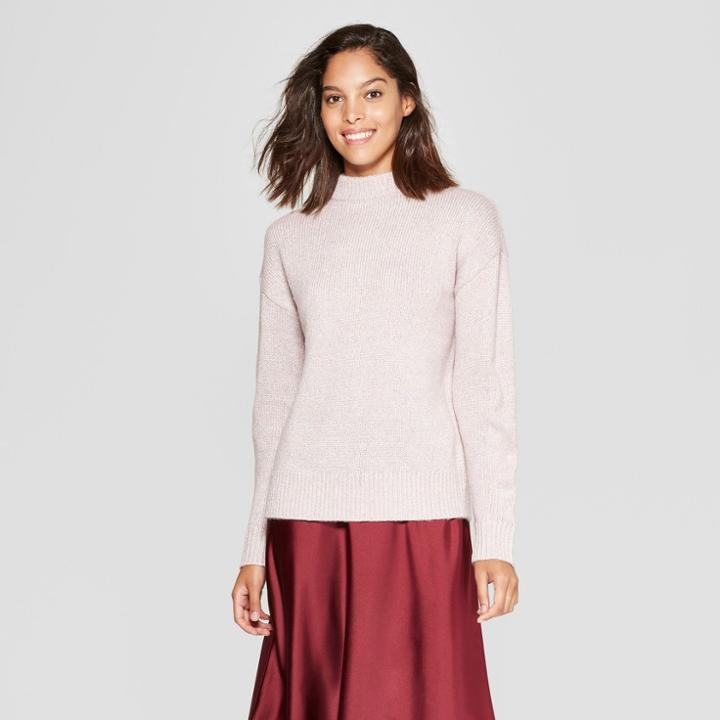 Women's Mock Neck Shine Pullover Sweater - A New Day Pink