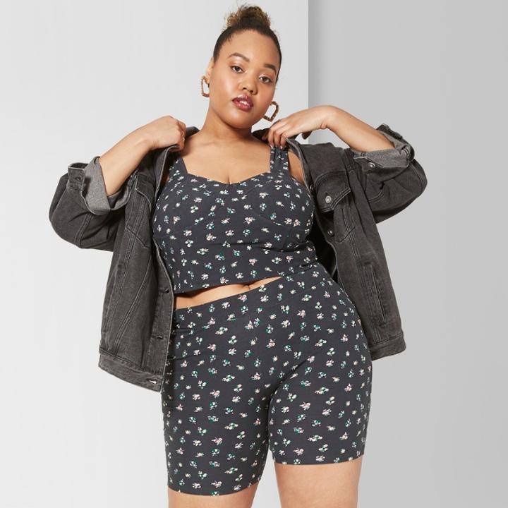 Women's Plus Size Floral Print Knit Bike Lounge Shorts - Wild Fable Black