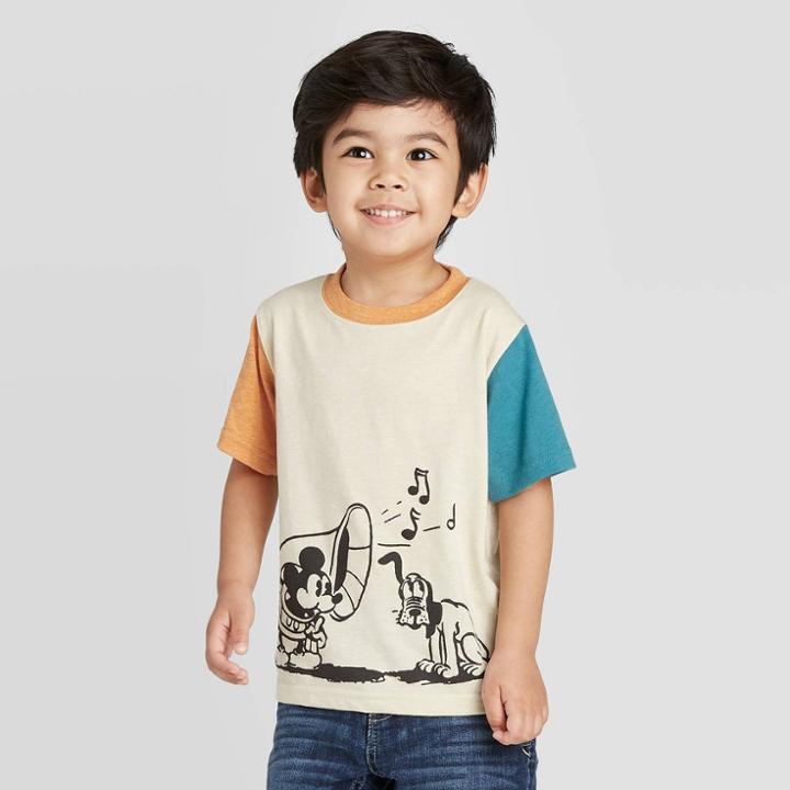 Disney Petitetoddler Boys' Short Sleeve Mickey Tuba Colorblock T-shirt - Beige