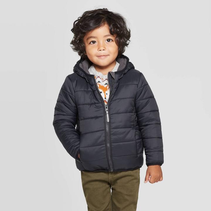 Toddler Boys' Long Sleeve Lightweight Puffer Jacket - Cat & Jack Black 2t, Toddler Boy's