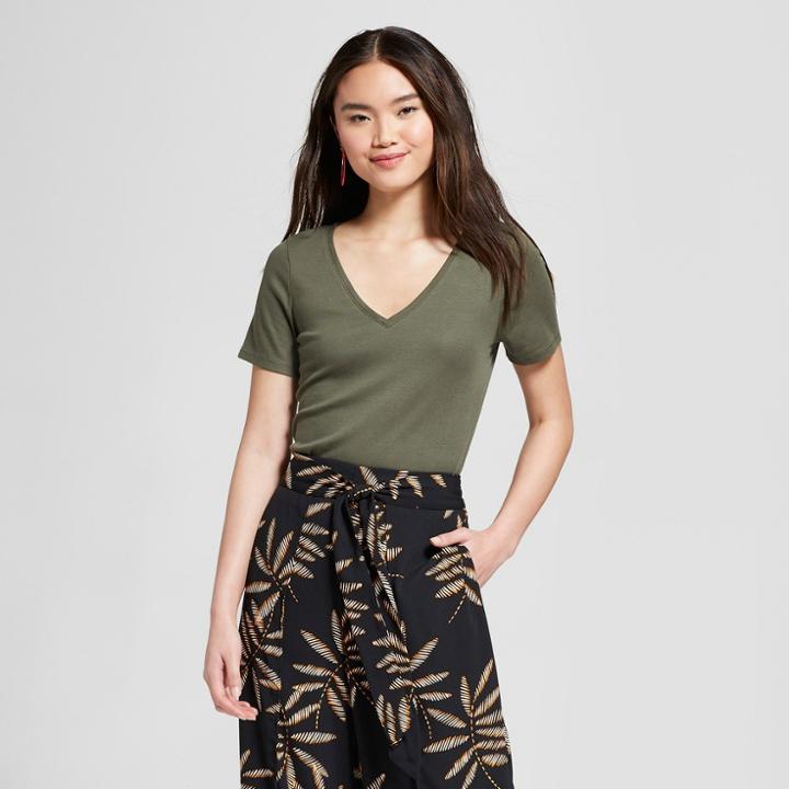 Women's Short Sleeve Fitted V-neck T-shirt - A New Day Olive (green)