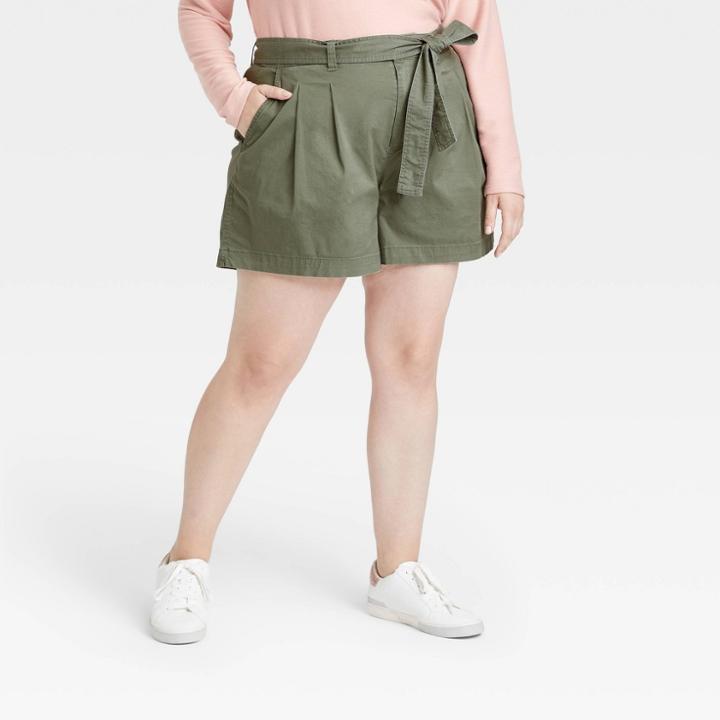 Women's Plus Size High-rise Pleat Front Shorts - A New Day Olive