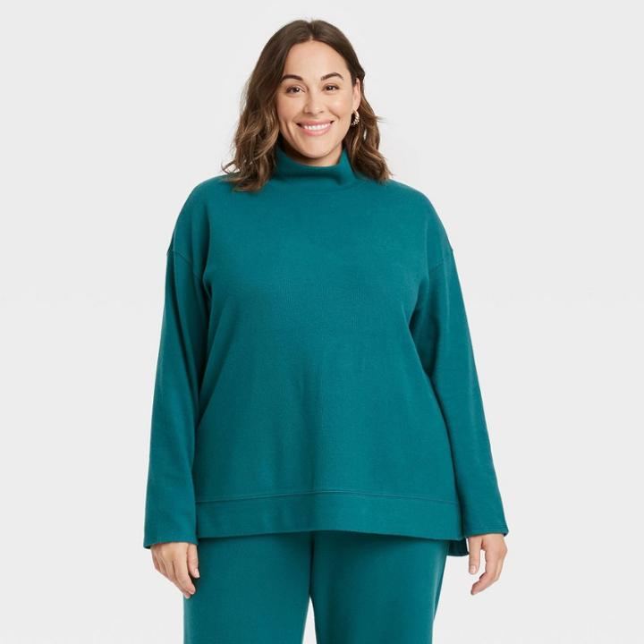 Women's Plus Size Long Sleeve Rib Turtleneck Tunic - Ava & Viv Teal