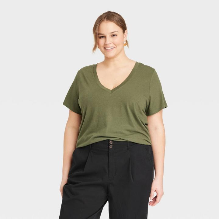 Women's Plus Size Short Sleeve V-neck T-shirt - A New Day Dark Green