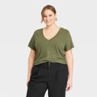 Women's Plus Size Short Sleeve V-neck T-shirt - A New Day Dark Green