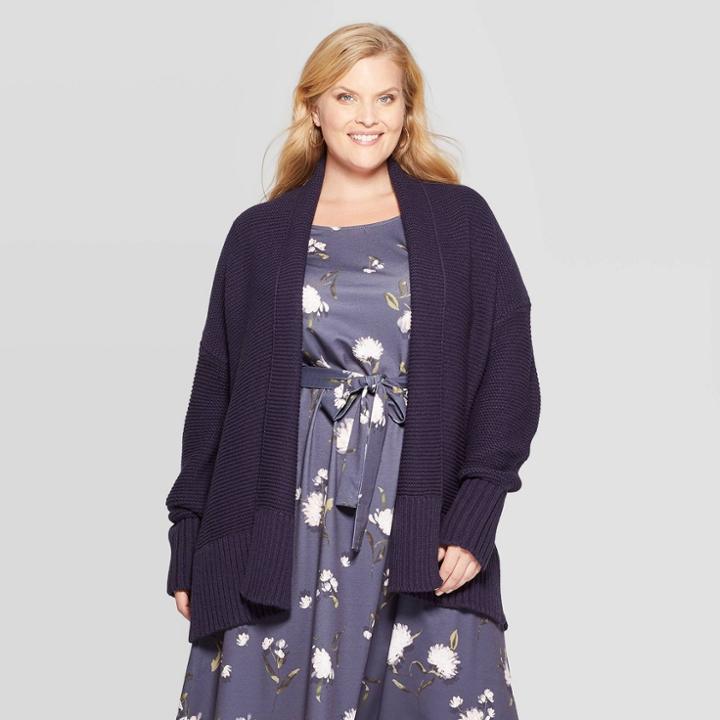 Women's Plus Size Long Sleeve Open Layering Shawl Cardigan - Ava & Viv Navy 3x, Size: